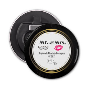 Moustache & Lips Mr. & Mrs. Black & Gold Wedding Bottle Opener