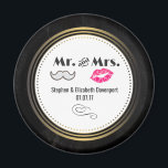 Moustache & Lips Mr. & Mrs. Black & Gold Wedding Magnet<br><div class="desc">A wedding magnet with a modern style wedding design - glamourous pink kissy lips and a masculine retro-looking moustache illustration. Set on a black chalkboard background with a gold gradient circular frame in the centre. Text says Mr. and Mrs. and you can personalise with your names and wedding date.</div>
