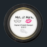 Moustache & Lips Mr. & Mrs. Black & Gold Wedding Magnet<br><div class="desc">A wedding magnet with a modern style wedding design - glamourous pink kissy lips and a masculine retro-looking moustache illustration. Set on a black chalkboard background with a gold gradient circular frame in the centre. Text says Mr. and Mrs. and you can personalise with your names and wedding date.</div>