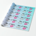 Moustache & Lips Mr. & Mrs. Pattern Wrapping Paper<br><div class="desc">Wrapping paper with a modern style couples design for a wedding or anniversary.  Glamourous pink kissy lips and a masculine retro-looking moustache illustration. With text that says Mr. and Mrs. in a retro style font. Set on a turquoise blue watercolor background.</div>