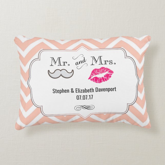 Moustache & Lips Mr. & Mrs. Peach Chevron Wedding Decorative Cushion (Front)