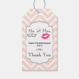 Moustache & Lips Mr. & Mrs. Peach Chevron Wedding Gift Tags