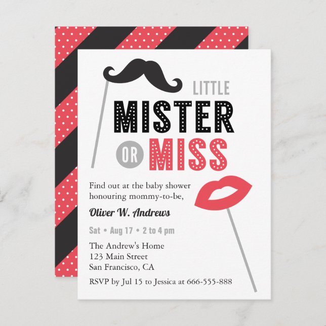 Moustache Lips Props Gender Reveal Baby Shower Invitation (Front/Back)