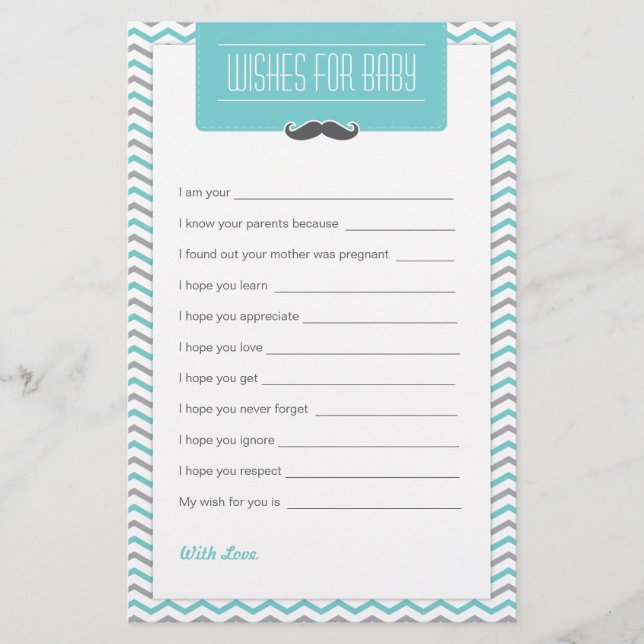Moustache / Little Man Baby Shower Wishes for Baby (Front)