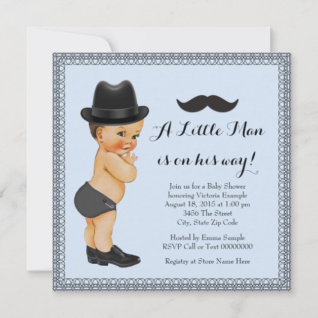 Moustache Little Man Blue and Black Baby Shower Invitation (Front)