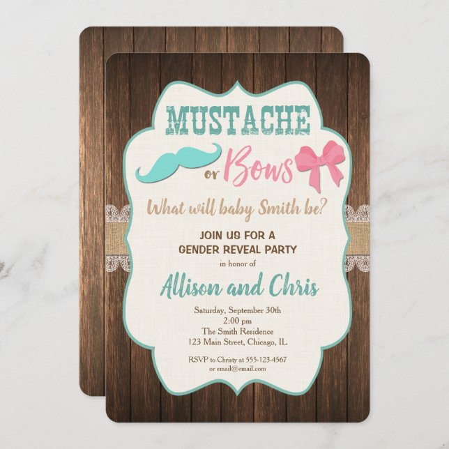 Moustache or bows Gender reveal invitation rustic (Front/Back)