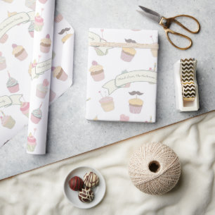 Moustache Pastel Personalised Cupcake Pattern Wrapping Paper