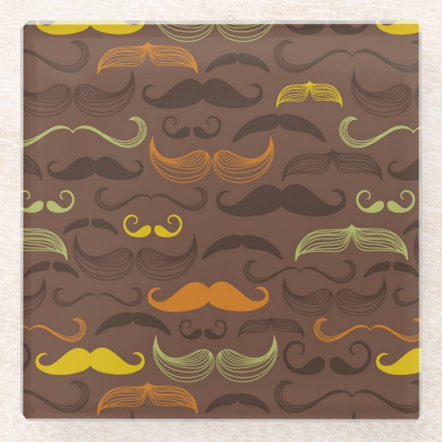 Moustache pattern, retro style 5 glass coaster (Front)
