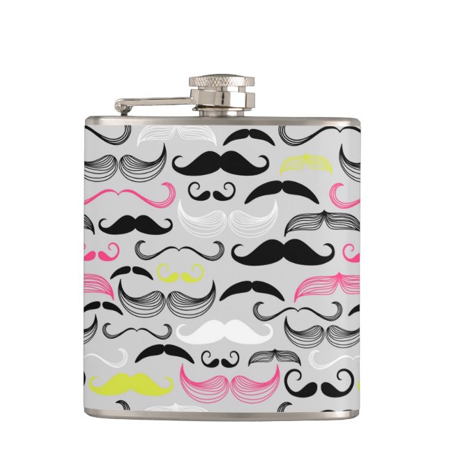 Moustache pattern, retro style hip flask (Front)