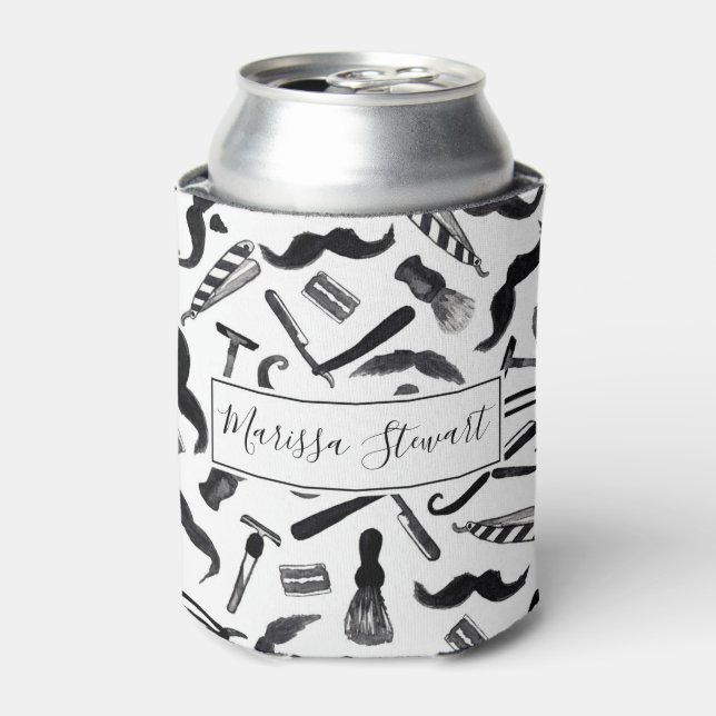 Moustache Razor Shaver Watercolor Barber Pattern Can Cooler (Can Front)