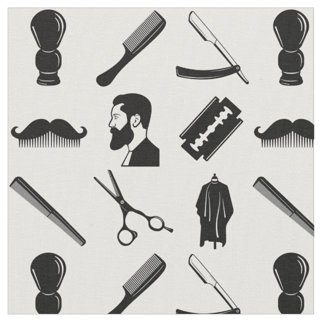 Moustache Razor Shaver Watercolor Barber Pattern  Fabric (Close Up)