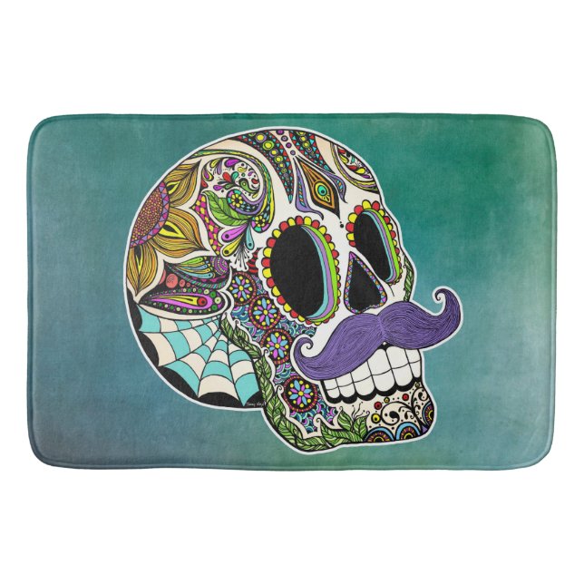 Moustache Sugar Skull Bath Mat (Front)