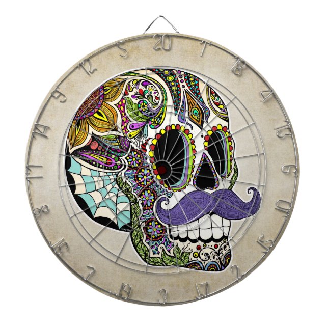 Moustache Sugar Skull Dartboard (Front)