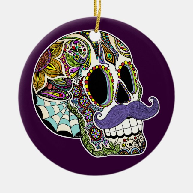 Moustache Sugar Skull Ornament (Colour) (Front)
