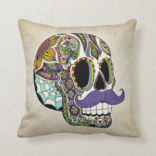 Moustache Sugar Skull Pillow - Vintage Style