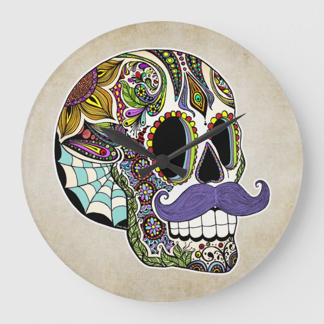 Moustache Sugar Skull Wall Clock (Front)