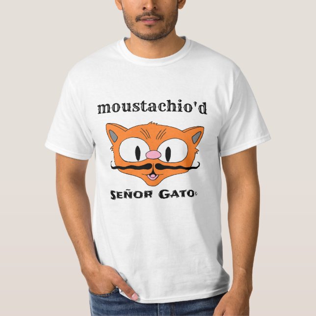 moustachio'd  Humourous Cartoon Moustache Cat T-Shirt (Front)