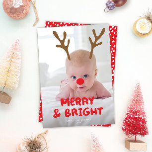 MOVABLE/EDITABLE Antlers Red Nose Photo Christmas Holiday Card