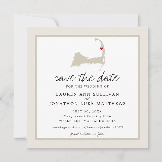 Moveable Red Heart Wellfleet Cape Cod Map Wedding Save The Date (Front)