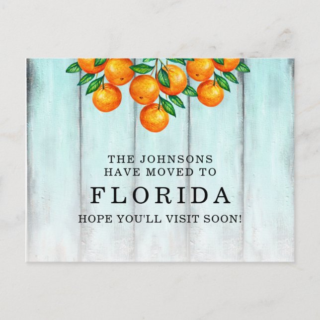 Moved to Florida Oranges Aqua Fence New Address Announcement Postcard (Front)