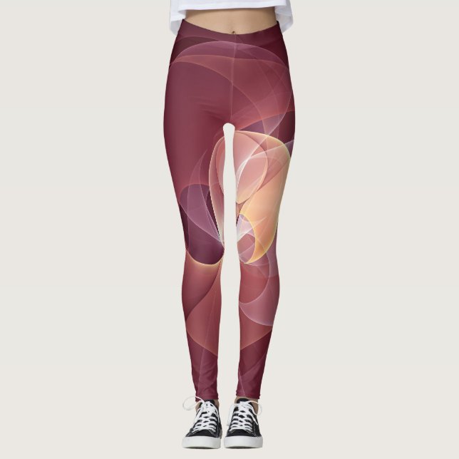 Movement Abstract Modern Wine Red Pink Fractal Art Leggings (Front)