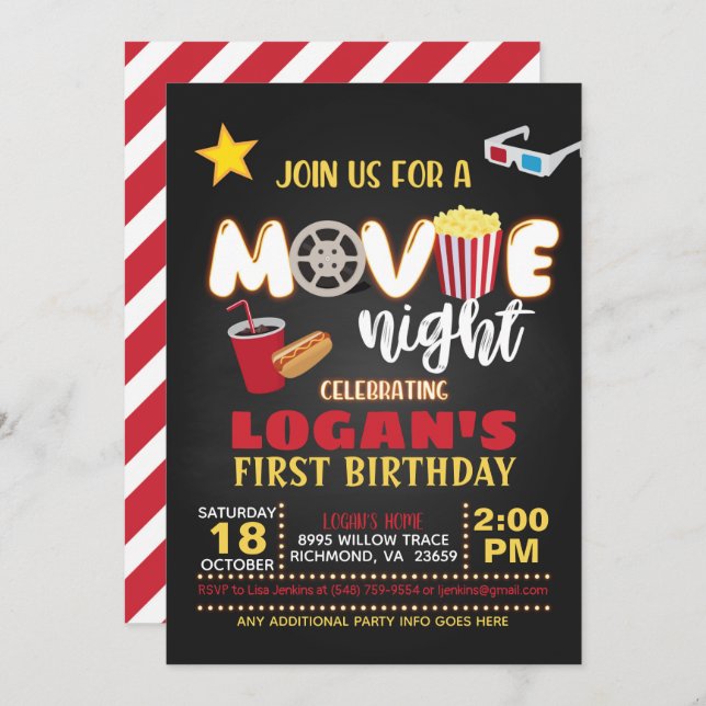 Movie Birthday Invitation - Red (Front/Back)