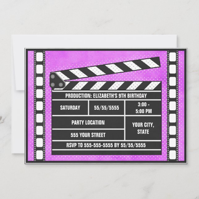 Movie Birthday Party Clapboard Purple Invitation (Front)