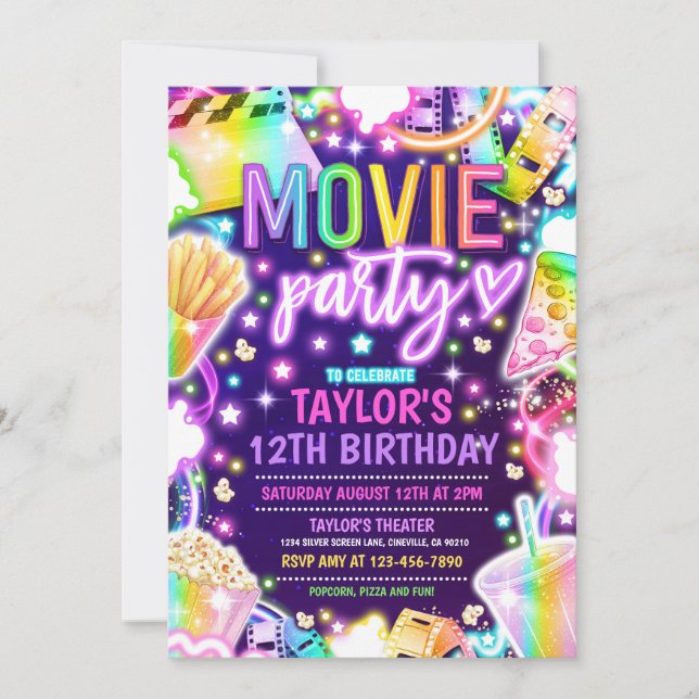 Movie Birthday Party Neon Rainbow Movie Party Invitation (Front)