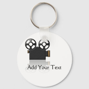 Movie Camera in Black and Gold on White Key Ring