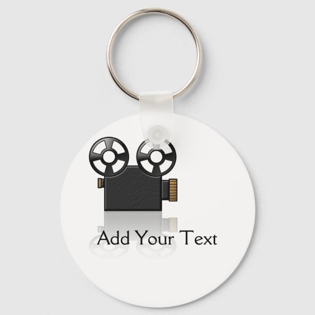 Movie Camera in Black and Gold on White Key Ring (Front)