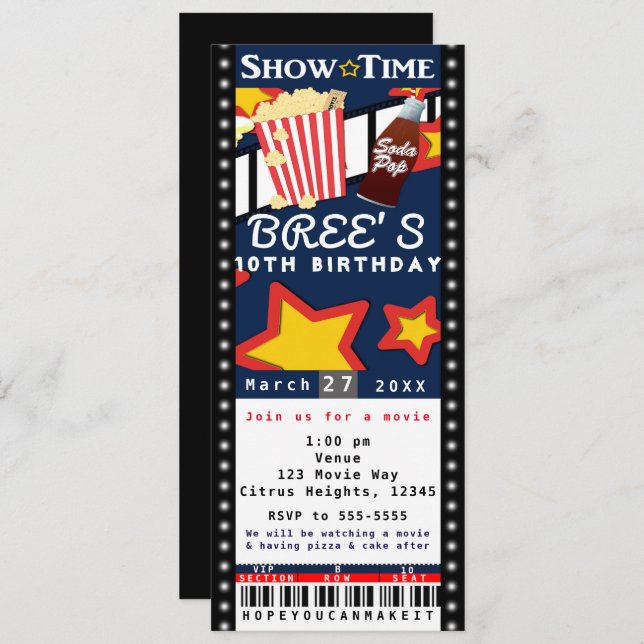 Movie Cinema Popcorn VIP Party Ticket Invitation (Front/Back)