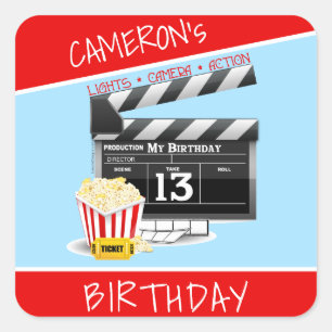Movie Clapboard Popcorn 13th Birthday Party Square Sticker