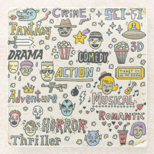 Movie Genres: TV Shows Doodle Set Glass Coaster