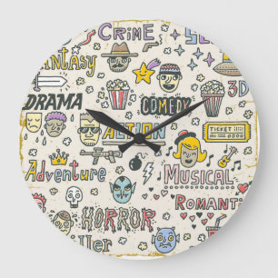 Movie Genres: TV Shows Doodle Set Large Clock