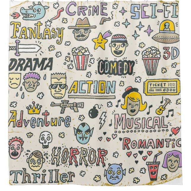 Movie Genres: TV Shows Doodle Set Shower Curtain (Front)