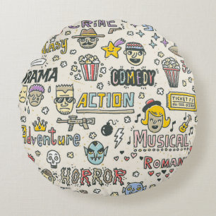 Movie Genres. TV Shows, Series Funny Doodle vintag Round Cushion