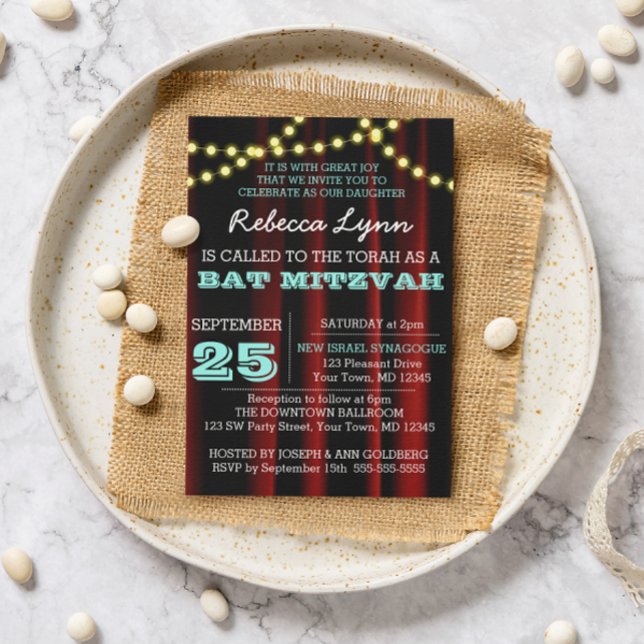 Movie Lights Aqua Bat Mitzvah Invitation (Creator Uploaded)