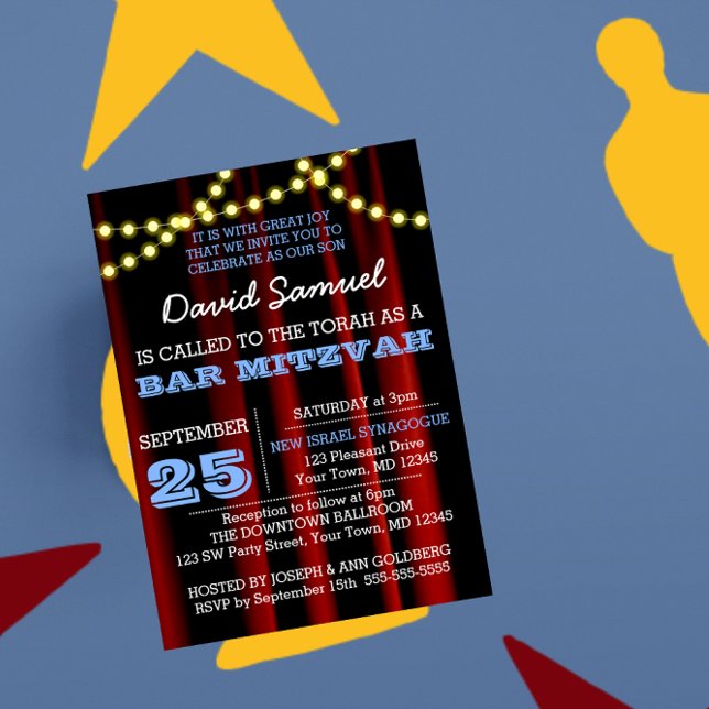 Movie Lights Blue Bar Mitzvah Invitation (Creator Uploaded)