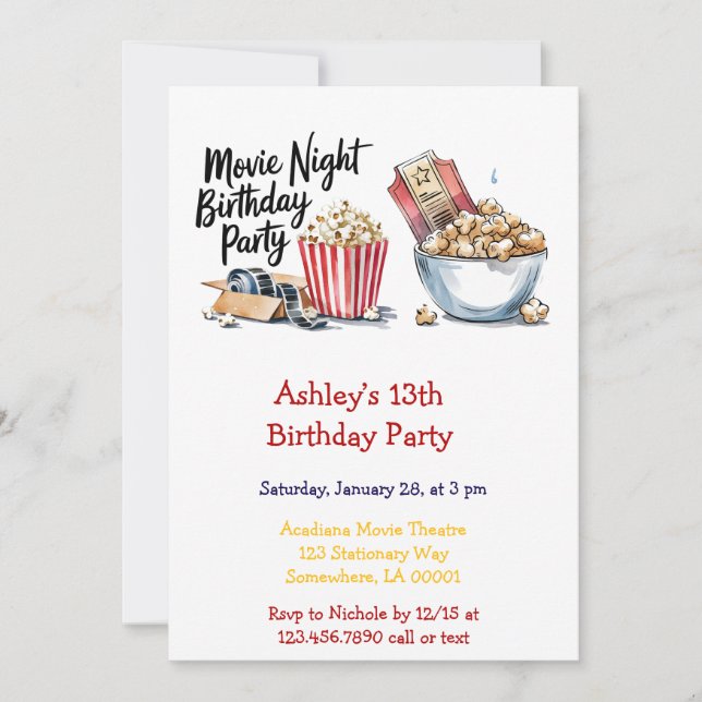 Movie Night and Popcorn Kid's Birthday Party Invitation (Front)