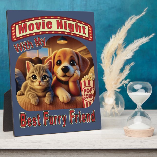 Movie Night - Best Furry Friend - Cute Cat & Dog Plaque (Side)