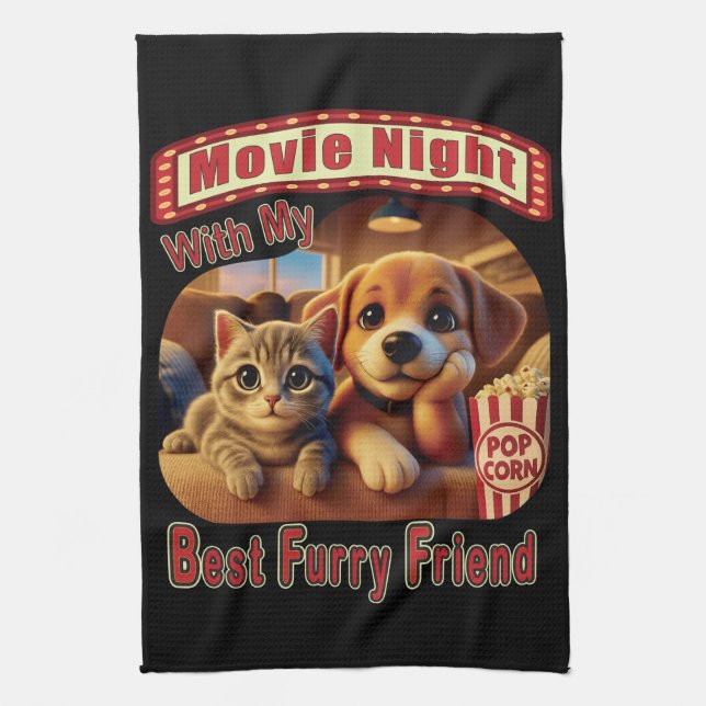 Movie Night - Best Furry Friend - Cute Cat & Dog Tea Towel (Vertical)