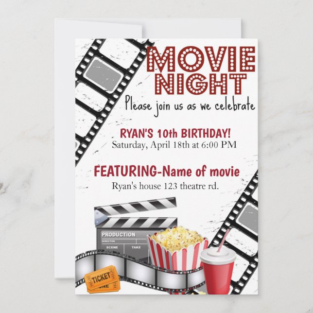 Movie night| Birthday|Cinema|Popcorn Invitation (Front)
