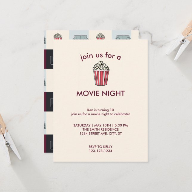 Movie Night Birthday Party Invitation (Front/Back In Situ)