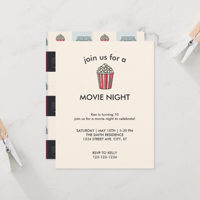 Movie Night Birthday Party Invitation (Front/Back In Situ)