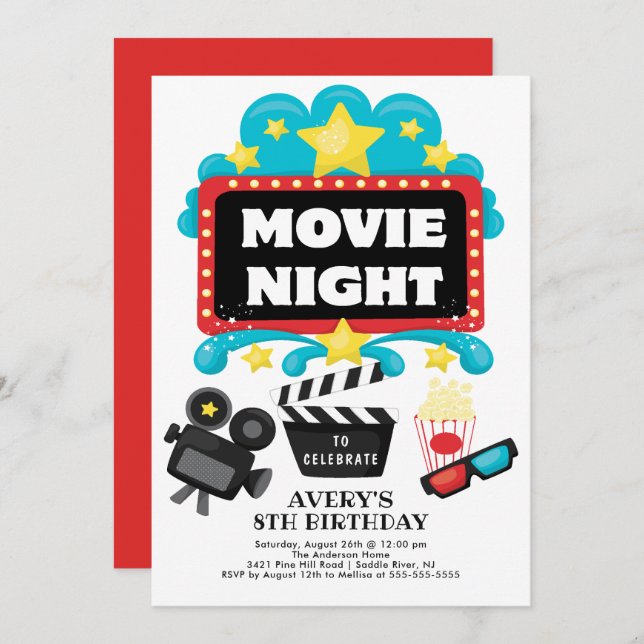 Movie Night Birthday Party Invitation (Front/Back)