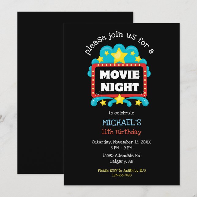 Movie Night Birthday Party Kids Cute Cinema Invitation (Front/Back)
