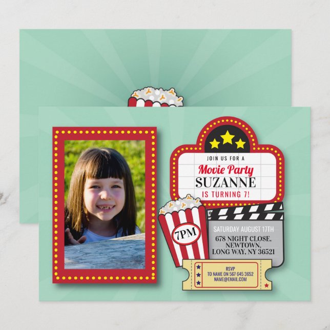 Movie Night Birthday Party Mint Film Cinema Photo Invitation (Front/Back)
