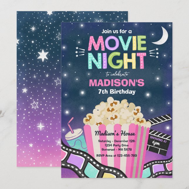 Movie Night Birthday Party Movie Sleepover Popcorn Invitation (Front/Back)