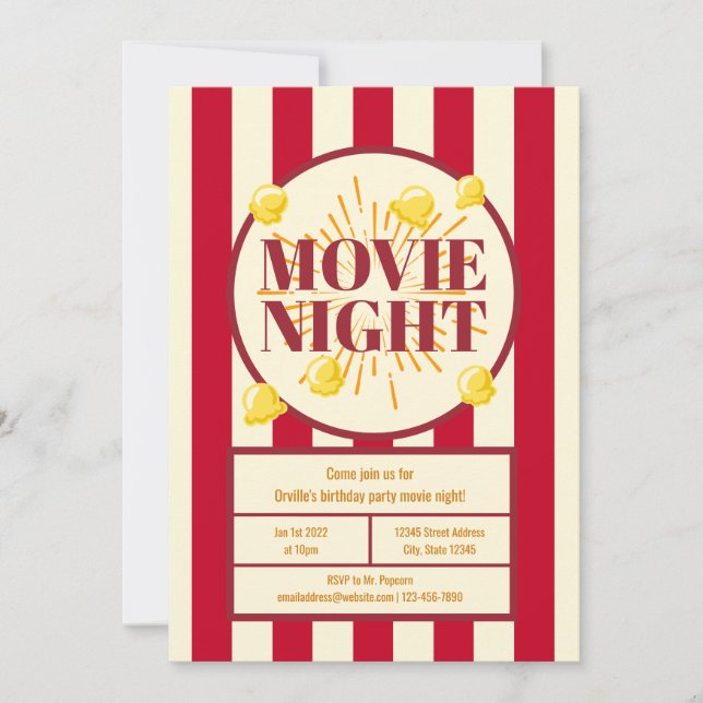 Movie Night Birthday Party - Red White Popcorn Bag Invitation (Front)