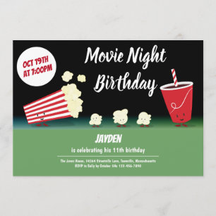 Movie Night Birthday Smiling Popcorn Black Green Invitation